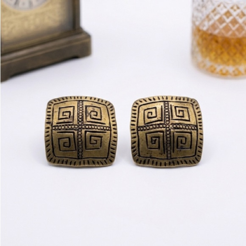 Vintage clip on earrings oxide gold squares tribal